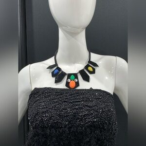 Geometric Black Bib Necklace Multicolor Gem Rhinestone Statement Mod Retro Style